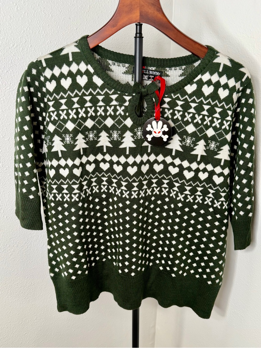 Hell Bunny Green & White Fair Isle Crewneck Sweater with Keyhole Size 3XL
